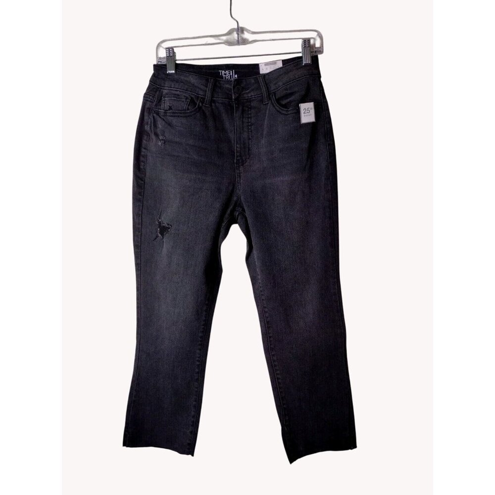 Time And Tru Jeans 4 High Rise Distressed Cropped Stretch Black Raw Cuff
